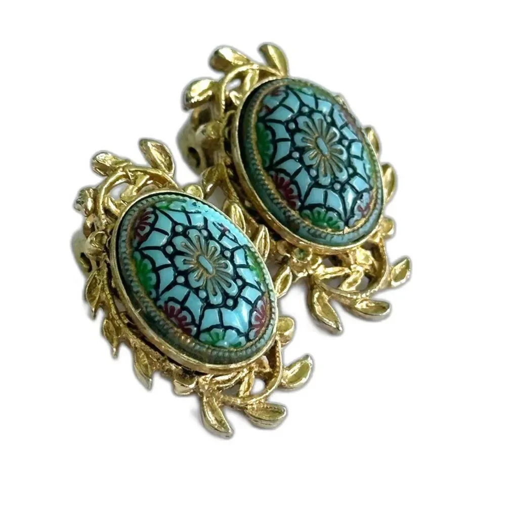 Vintage Earrings  Blue Oval Glass Cabochon Clip On Mosaic Style